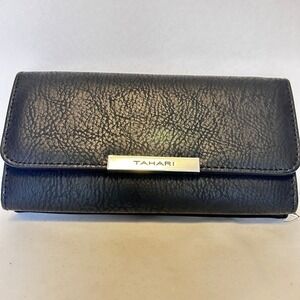 Tahari Black Faux Leather Trifold Wallet RFID Protection Snap Closure